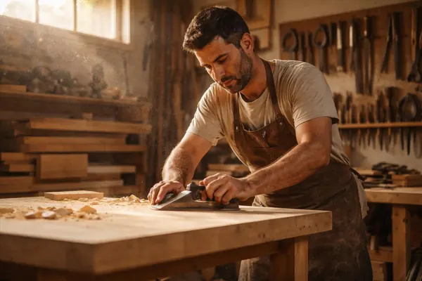 נגר ישראלי עובד בבית מלאכת עץ בצפון