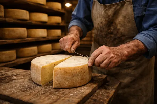 ידיים מבוגרות חותכות גלגל גבינה במרתף יישון בגליל