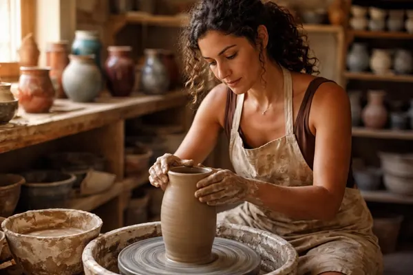 אמנית קרמיקה ישראלית יוצרת כד ליד אובניים בצפון