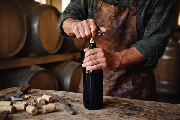 ידיים פותחות בקבוק יין אדום במרתף יין גלילי בין חביות עץ